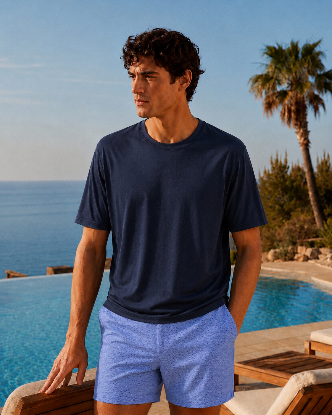 Homem de camiseta navy iA T-Shirt Sardegna Wellness à beira da piscina — camiseta masculina premium sustentável