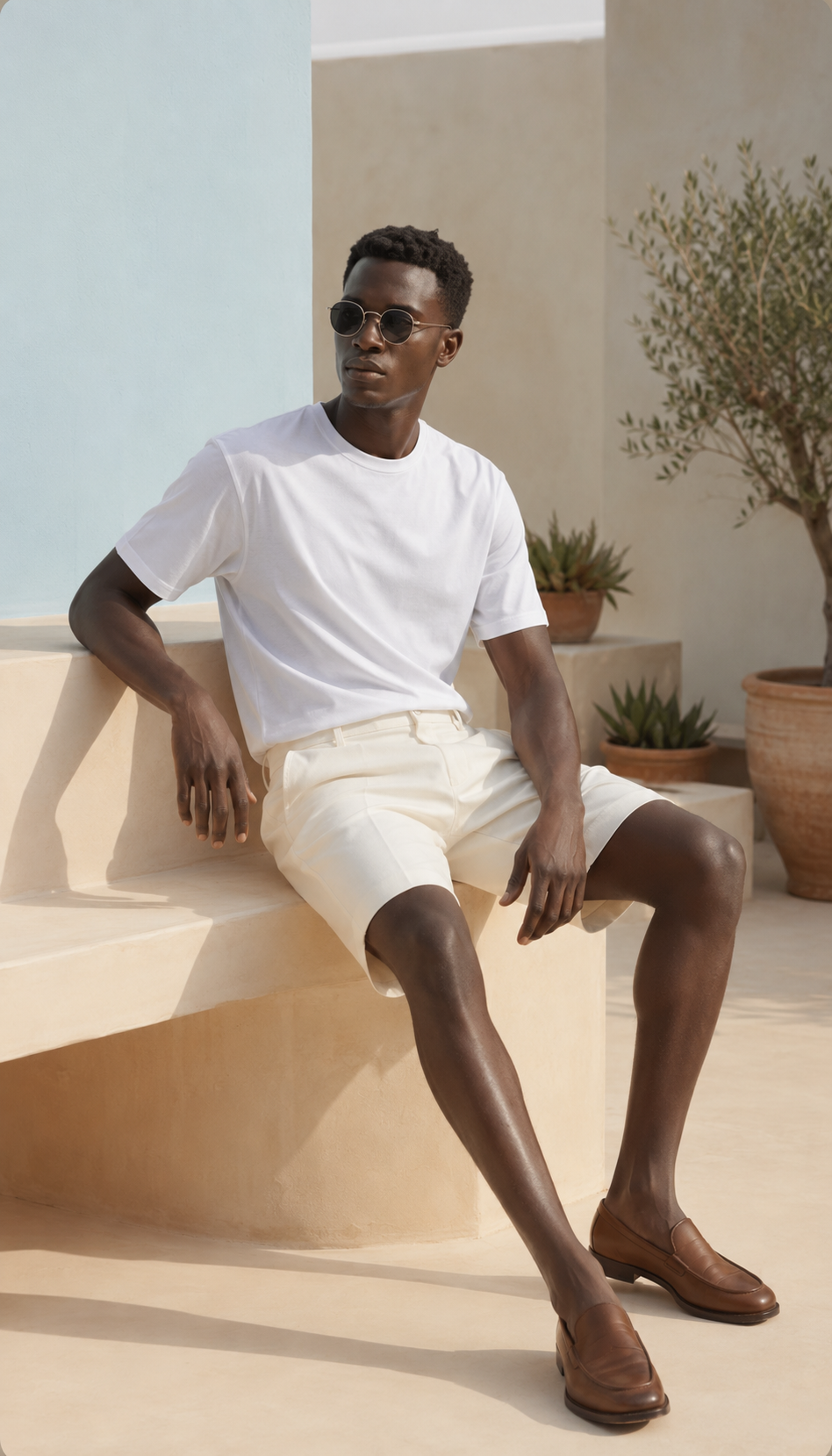 Homem de camiseta branca iA T-Shirt Sardegna Wellness ao sol em terraço mediterrâneo — camiseta masculina premium em Modal