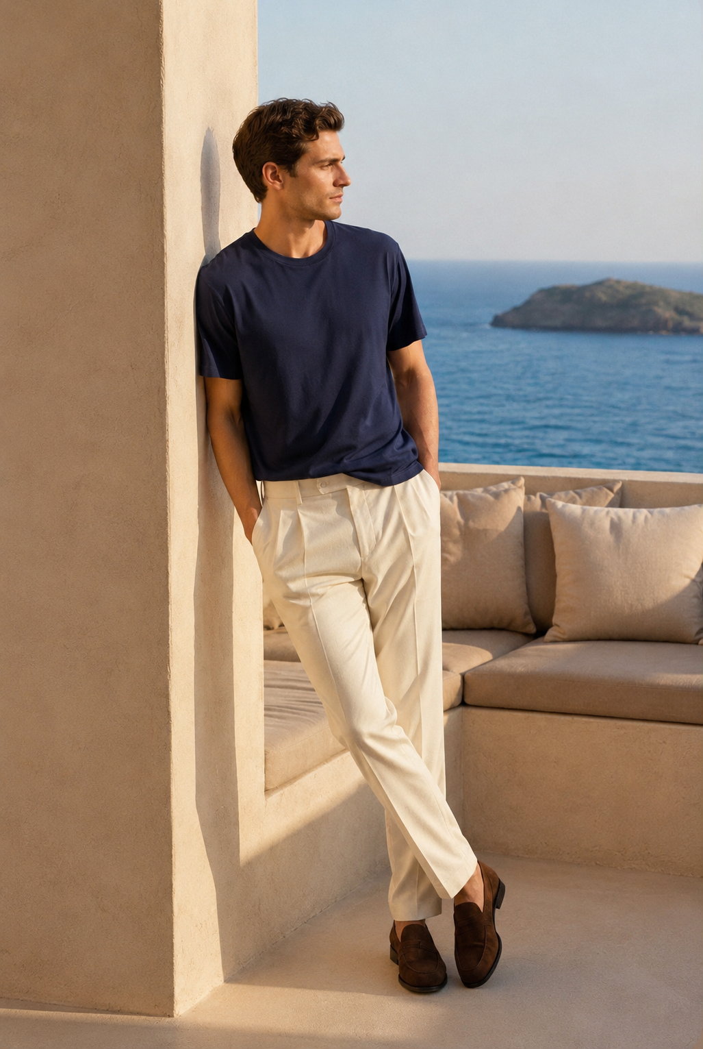 Homem de camiseta navy iA T-Shirt Sardegna Wellness em varanda com vista para o mar — camiseta modal com proteção UPF 40